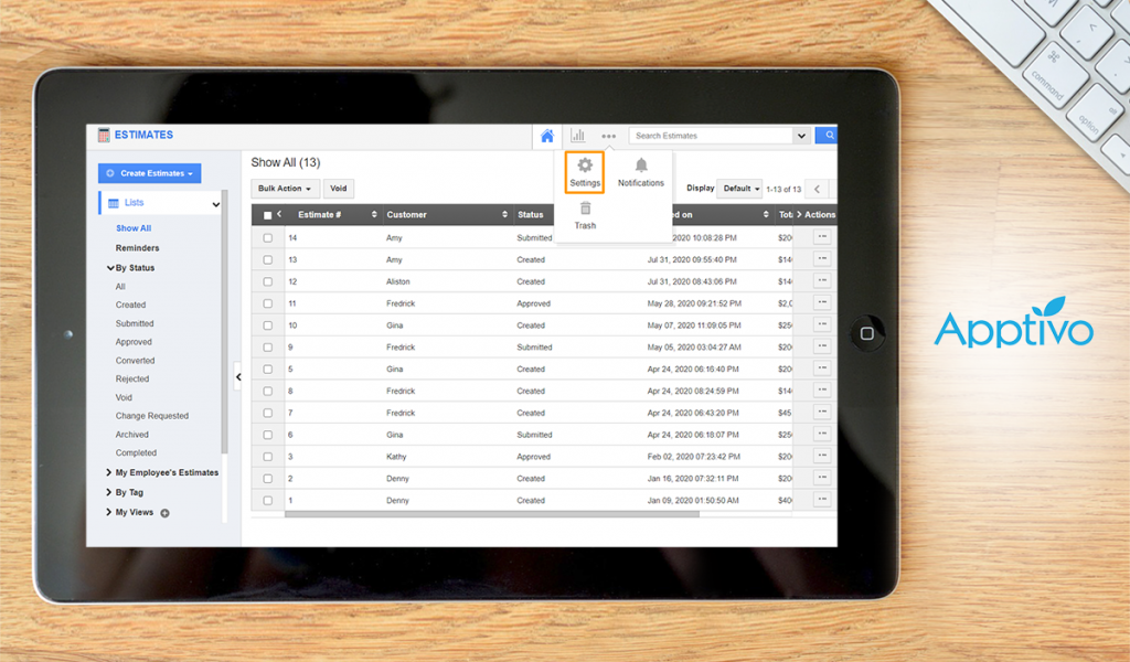 Apptivo Estimates App dashboard