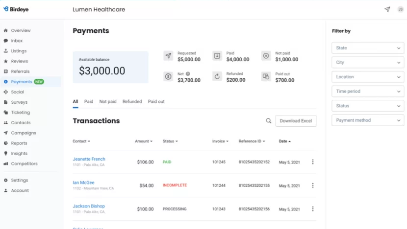 Birdeye payments dashboard