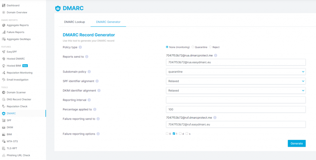 EasyDMARC record generator dashboad