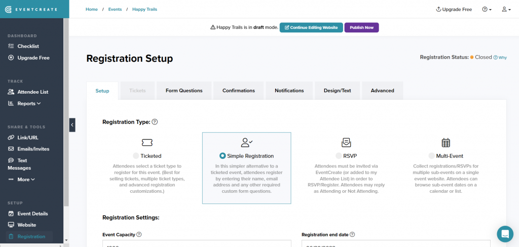 EventCreate registration setup