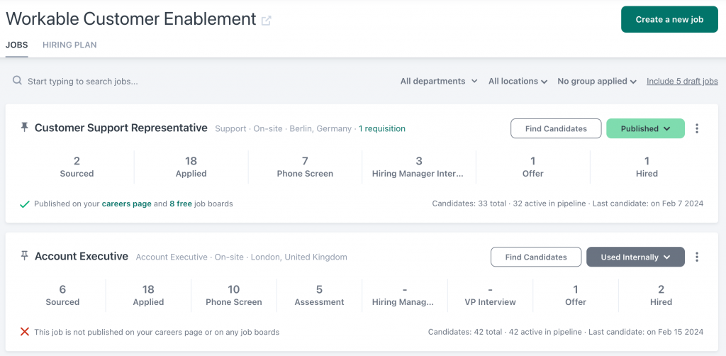 Workable overview of hiring process